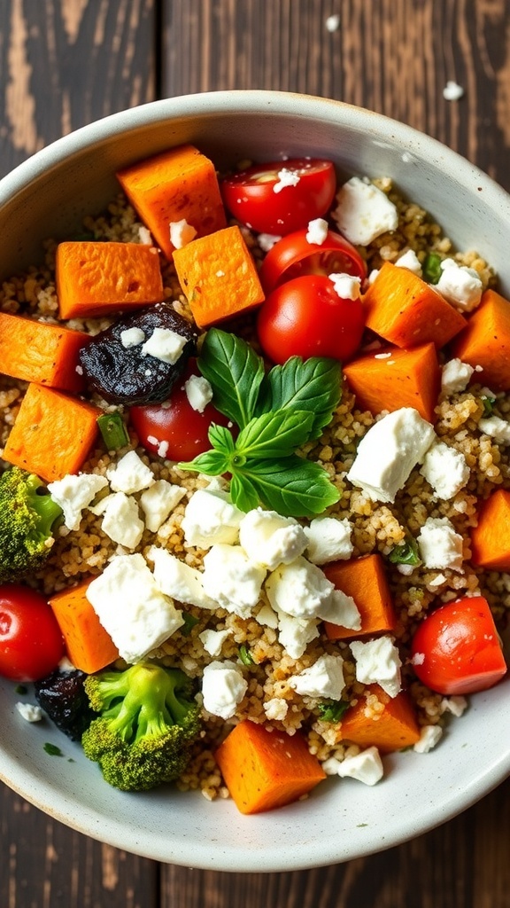 A colorful quinoa harvest bowl with roasted sweet potatoes, broccoli, cherry tomatoes, feta cheese, and parsley on a wooden table.